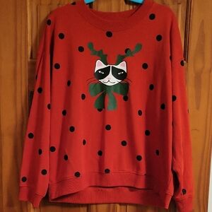 Red Cat Sweatshirt with Black Polka Dots